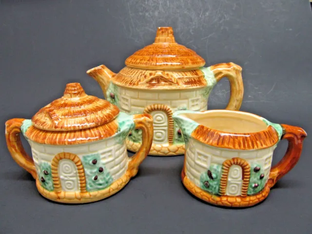 Vintage Majolica Japan Cottage Ware House Teapot, Sugar w/ Lid & Creamer