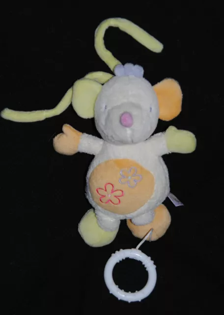 Peluche Doudou Souris Musical BABYSUN BABY FHEN Creme Jaune Fleur 20 Cm TTBE