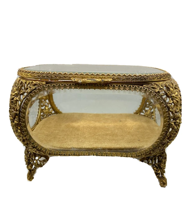 Antique Filigree Ormolu Jewelry Box Casket With Beveled Glass Vintage Dresser