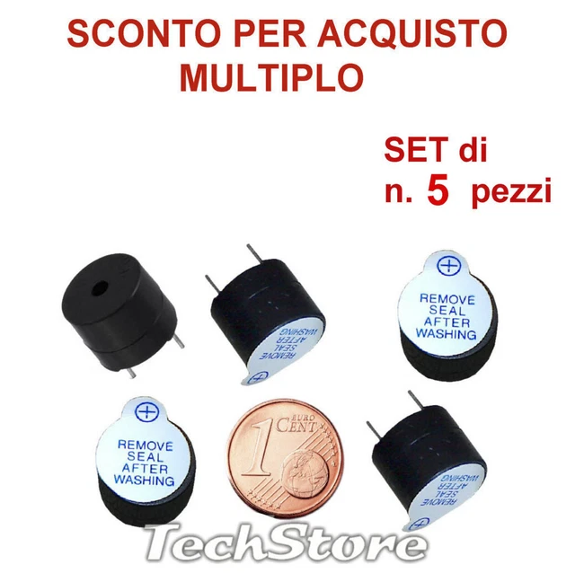 N.5 pezzi Buzzer 5V dc cicalino con oscillatore integrato 2300Hz 85dB 10x12mm