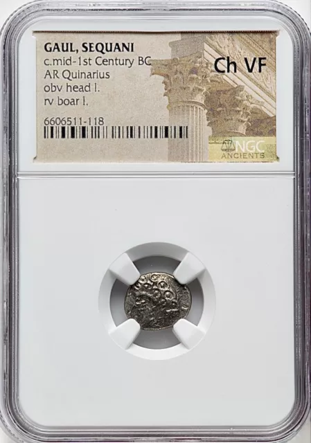 CELTIC GAUL SEQUANI Mid-1st Century BC AR Quinarius Head/Boar NGC Choice VF