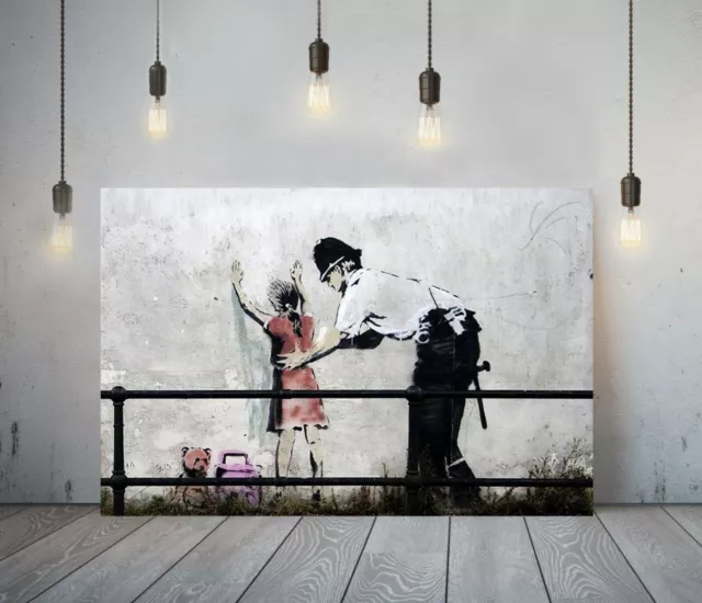 Banksy Kid Stop And Search -Deep Framed Canvas Wall Art Graffiti Print- Red