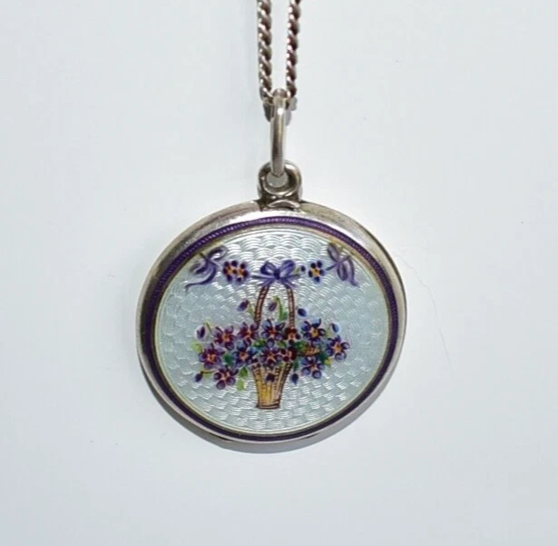GORGEOUS Antique 935 Silver ENAMEL GUILLOCHE Basket of Violets LOCKET Necklace