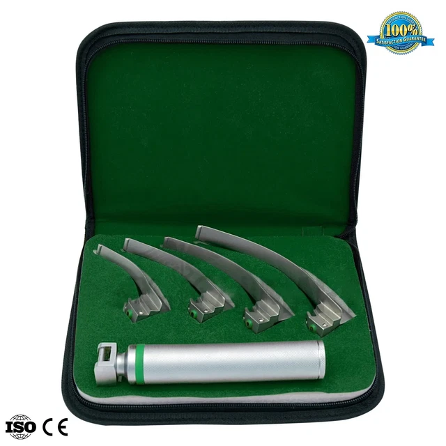 5 Pcs Macintosh Laryngoscope Kit 4 Fiber Optic Blades & 1 Handle Set with Case
