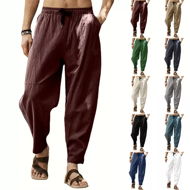 Mens Cotton Linen Harem Pants Elasticated Waist Casual Yoga Gym Sport Trousers