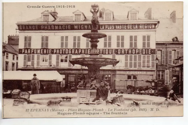EPERNAY - Marne - CPA 51 - Shops - Large Pharmacy Place H. Lead Fountain