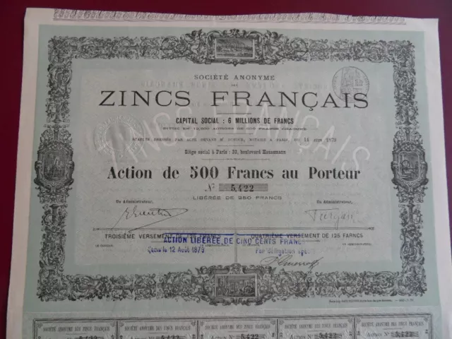 Action Des Zincs Francais /Paris 1879 / Frise Illustree Catenacci /
