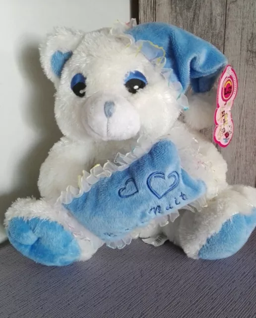 Doudou peluche ours blanc bonnet coussin bleu bonne nuit coeur Eluz + cadeau