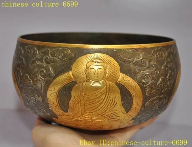 6.2" Old Chinese Ancient bronze gilt Lotus flower Sakyamuni statue bowl