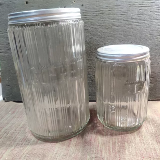 Vtg Hoosier Ribbed Glass Coffee & Tea Jars Sellers Triple Skip Pattern w/Lids