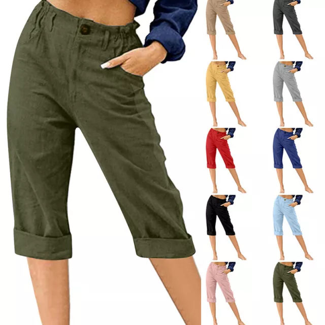 3/4 Length Womens Ladies Stretch Elasticated Waist Plain Pants Cropped Trousers