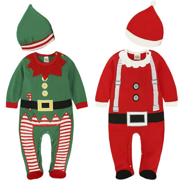 Infant Baby Boy Girl Christmas Santa Elf Romper Hat Fancy Dress Jumpsuit Outfit/
