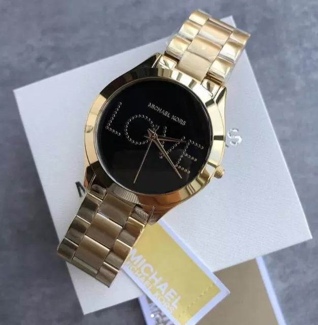 MICHAEL KORS MK3803 Slim Runway Women's Watch Love Black Dial Gold Tone Bracelet