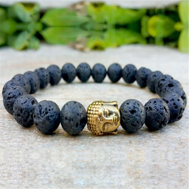 8mm Natural Lava Stone Buddha Bead Handmade Mala Bracelet Yoga Pray Buddhism