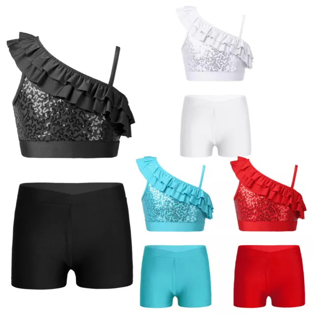 DE Mädchen Jazz Modern Tanz Set Glänzend Crop Top Tight Shorts Tanzbekleidung