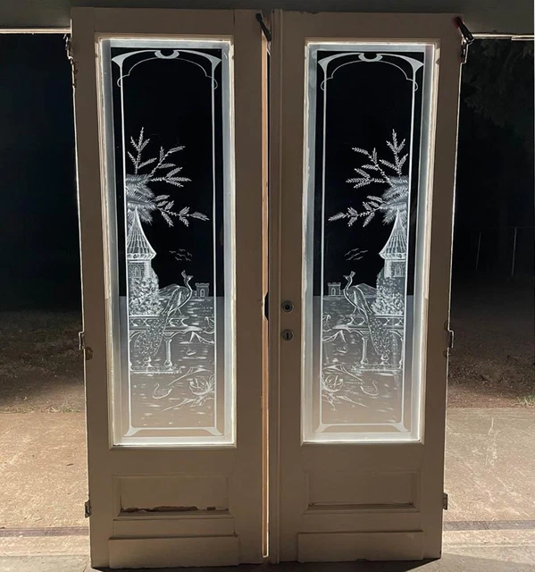 *Pair of Antique French Etched Glass Doors Frosted Glass w/Peacocks Salvage