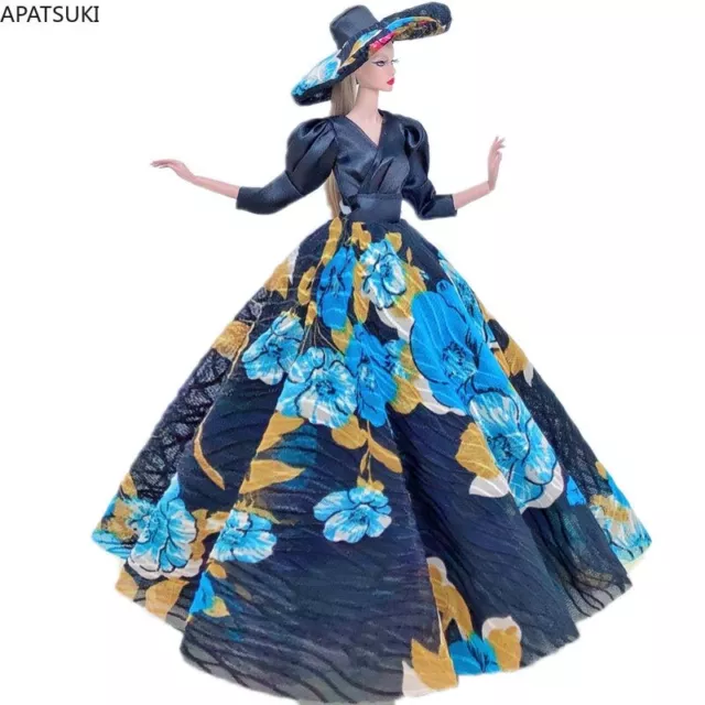 Black Blue French Floral Dress for 11.5" Doll Clothes Outfits Handmade Gown Hat