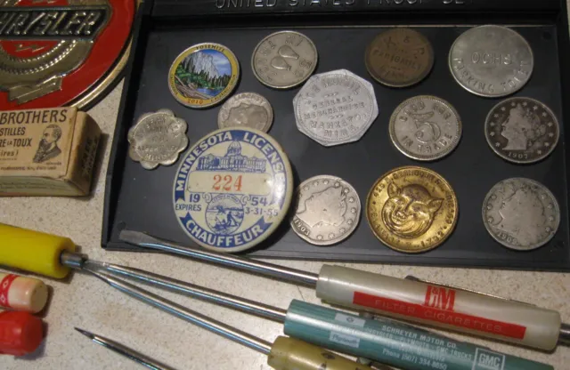 Vintage & Antque Junk Drawer Lot Silver Coins Tokens Military Keys Toys Etc 3