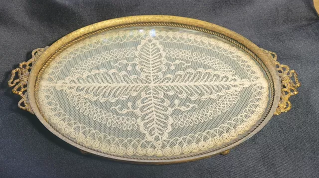 Antique Ormolu Vanity Tray with Original Lace Insert