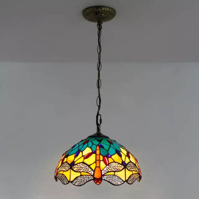 12 Inch Retro Stained Glass Tiffany Dragonfly Pendant Lamp Hanging Lighting 2