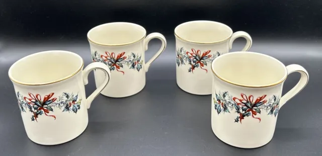 4 Lenox WINTER GREETINGS  Holiday Holly & Ribbons Coffee Cup Mugs