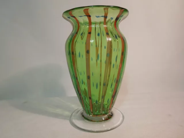 Vintage Murano style Art Glass Vase Hand Blown Green Orange Blue 7 1/2" Tall