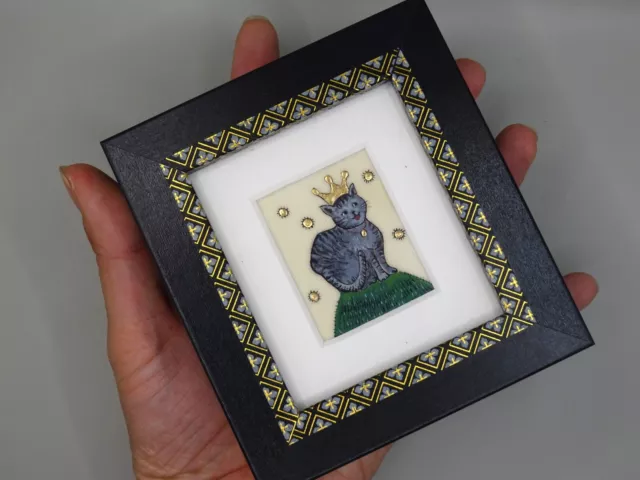 Medieval cat with crown Original handmade miniature painting illuminated MSS