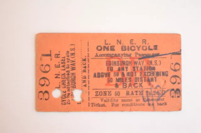 Railway Bicycle Ticket LNER 30-50 miles distant to Edinburgh Wav.
