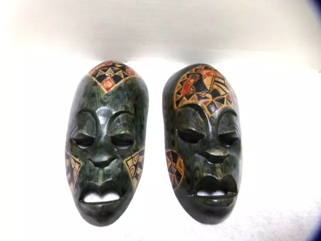 (2)  Hand Carved Wood Native Tribal  Masks  Indonesia  7 1/2"