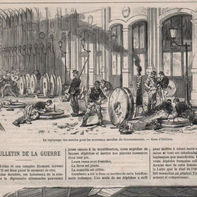 Guerre 1870 - Alimentation de Paris Meules moulins - Gravure de presse 1870