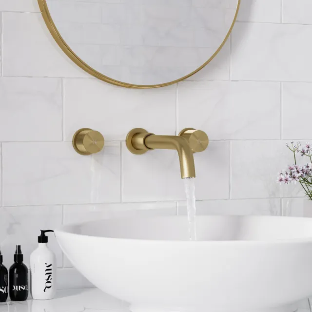 Mondawe Wall Mount Bathroom Basin Antique Brass Sink Tub Faucet Dual Handle Tap