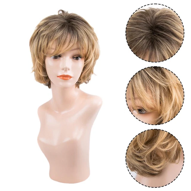 Women Daily Short Bob Natural Full Wig With Fringe Bangs Ombre Mix Blonde A