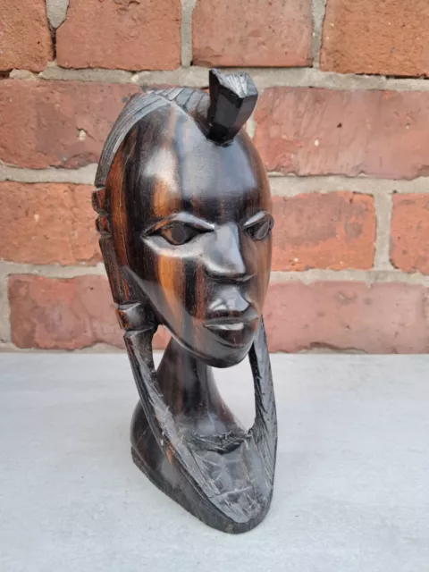 African Ebonised Wooden Hand Carved Young Female Head/Bust With Headdress