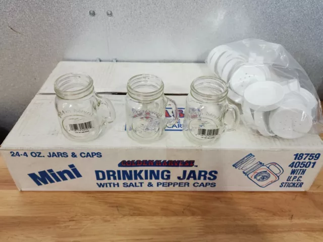 Lot 24 Small Mason Jar Salt & Pepper Shakers “Harvest Time” Minis W Handles-Lids