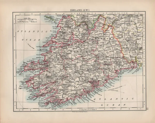 1900 Victorian Map ~ Ireland South West Clare Kerry Cork Tipperary Waterford