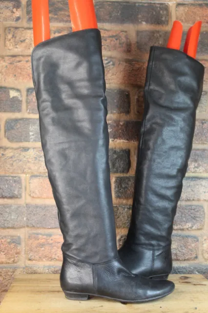Vintage 80'S Black Leather Pull On Over The Knee Boots Size 4 / 37 Used