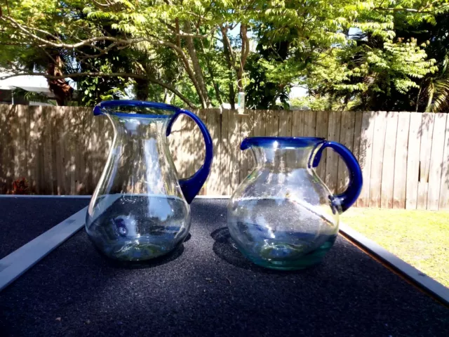 Hand blown Mexican Glass Pitcher With Cobalt Blue Handle and Rim Sizes Small And