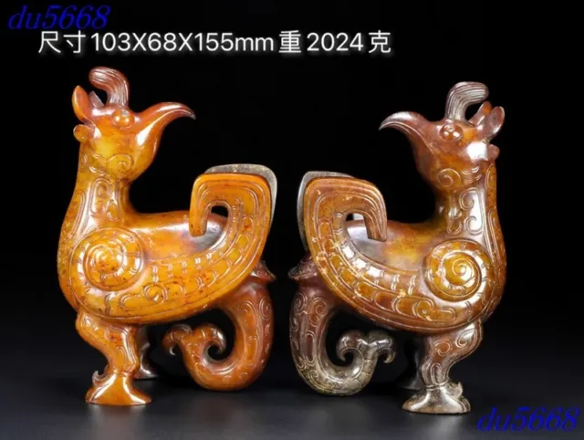 6.2"China Shang Dynasty Hetian jade Carved sacrifice fengshui Bird statue A pair