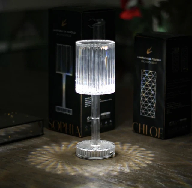 Lampada Da Tavolo Crystal Led Rgb Diamantata Ricaricabile Usb Effetto Cristallo