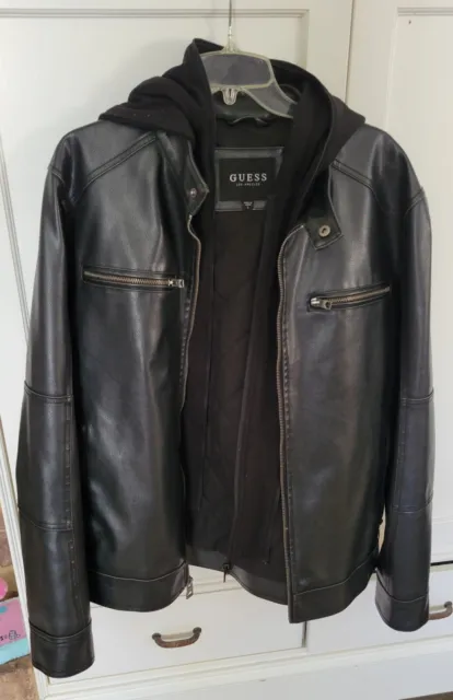 GUESS Men's Faux-leather Detachable-hood Motorcycle Jacket In Black - Large