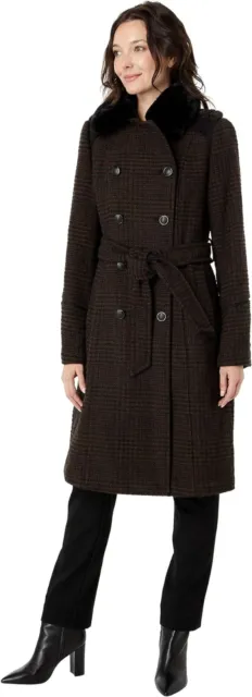 VINCE CAMUTO DOUBLE-BREASTED Belted Wool Coat with Faux Fur Collar ...