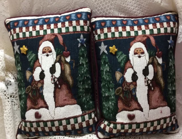 Pair of Christmas Throw Pillows Needle Point Santa And Christmas Trees