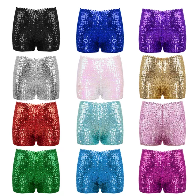 UK Kids Girls Shiny Sequins Dance Shorts Tap Jazz Performance Costume Hot Pants