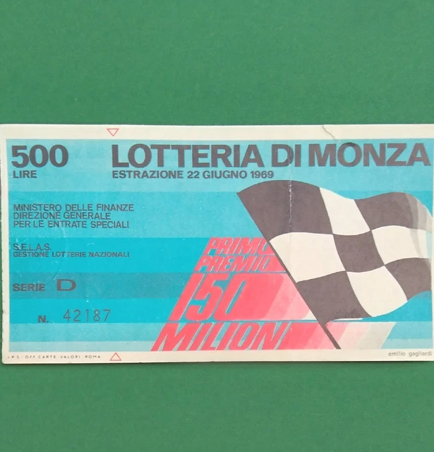 Biglietto Lotteria di Monza 1969 Serie D Num. 42187