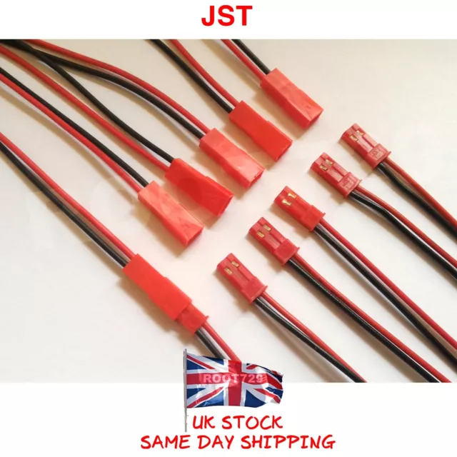 JST Connector Pair Plug + Socket 2pin Battery leads Red + Black Wire 180mm UK