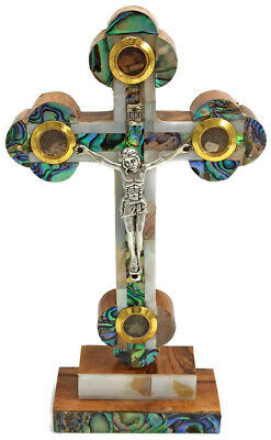 Crucifix With Stand Mother Of Pearl Cross Olive Wood Holy Land Blessed Jerusalem