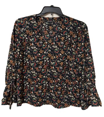 J.Crew Mercantile size 8 Blouse Black Multicolor floral Long Bell Sleeve V-Neck
