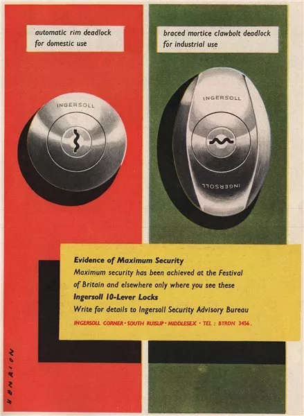 INGERSOLL ADVERT. Ingersoll Locks. Security. Engineering 1951 old print