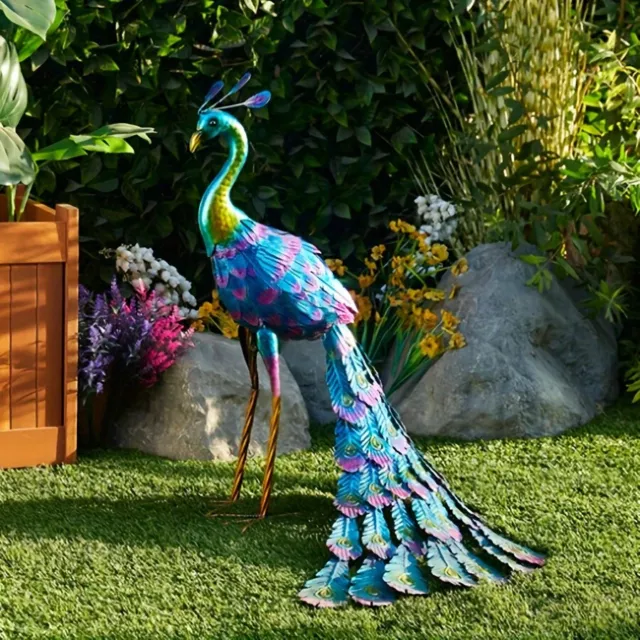 1pc Beautiful Peacock Statue Metal Peacock Standing Statue Outdoor Garden