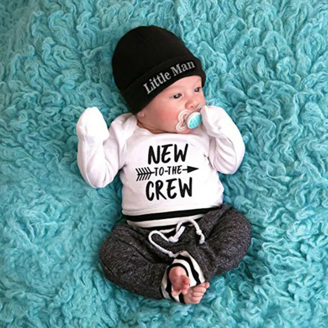 Newborn Baby Boy Clothes Letter Print Romper Tops +Long Pants+Hat 3PCS Outfits